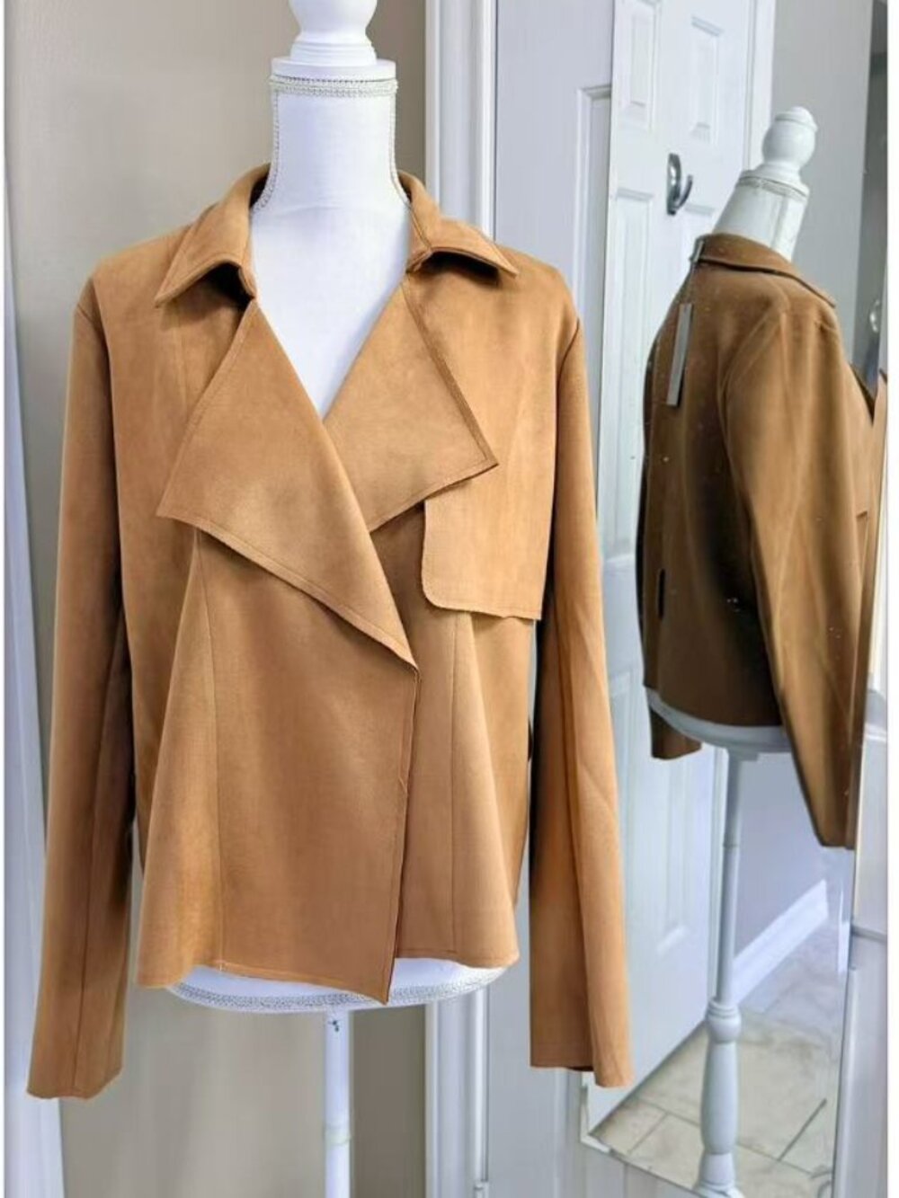 Camel-colored faux suede open-front draped shawl collar asymmetrical jacket Size